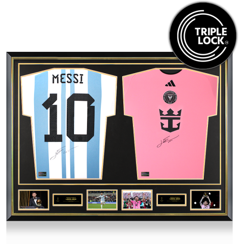 PRE-ORDER Lionel Messi Official Ballon d'Or&trade; Signed and Dual Framed Argentina and Inter Miami Shirts: 2023 Ballon d'Or Winner