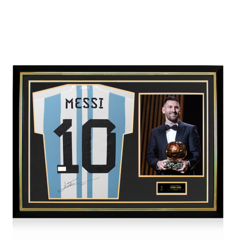 Lionel Messi Official Ballon d'Or™ Back Signed and Hero Framed Argentina 2022 Home Shirt