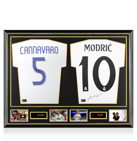 Fabio Cannavaro & Luka Modric Official Ballon d'Or™ Signed and Dual Framed Real Madrid Shirts
