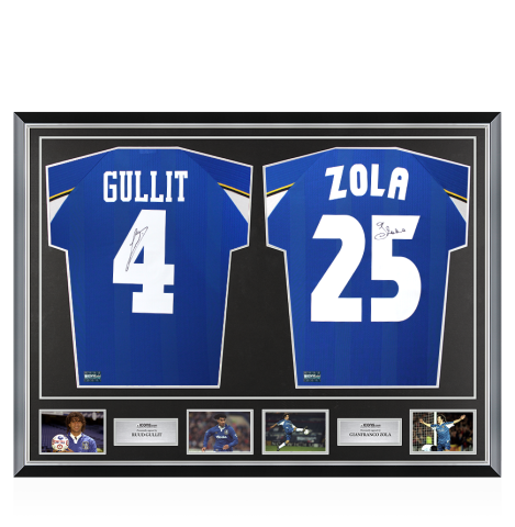 Ruud Gullit & Gianfranco Zola Signed Chelsea Shirts In Classic Dual Frame Ruud Gullit & Gianfranco Zola Signed Chelsea Shirts In Classic Dual Frame