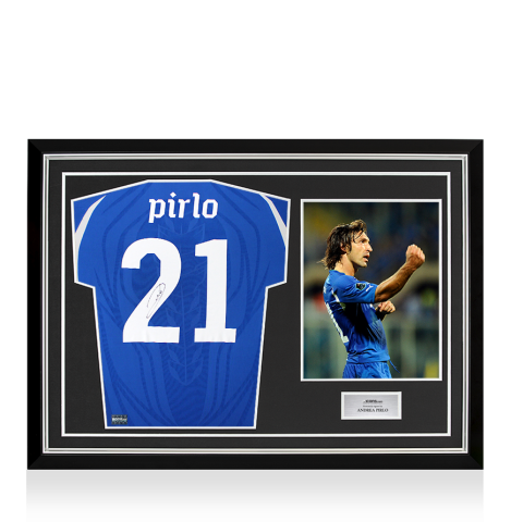 Andrea Pirlo Back Signed Italy 2010-12 Home Shirt In Hero Frame: Option 1 Andrea Pirlo Back Signed Italy 2010-12 Home Shirt In Hero Frame: Option 1