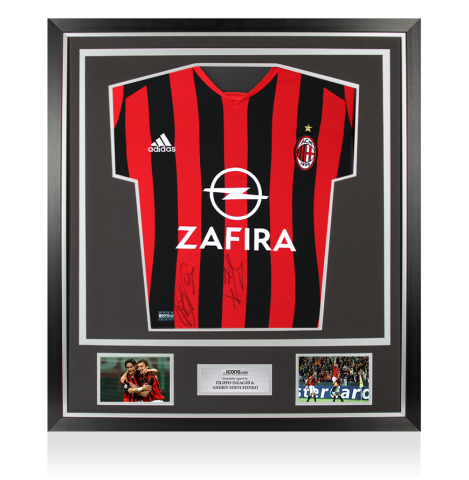 Filippo Inzaghi & Andriy Shevchenko Dual Signed AC Milan 2005-06 Home Shirt In Classic Frame Filippo Inzaghi & Andriy Shevchenko Dual Signed AC Milan 2005-06 Home Shirt In Classic Frame