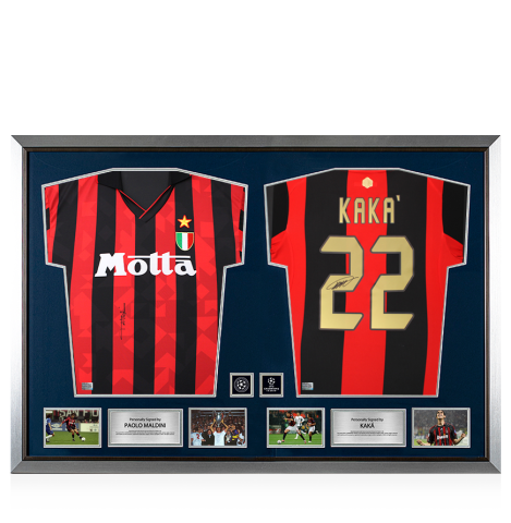 Paolo Maldini & Kaka Official UEFA Champions League Signed and Dual Framed AC Milan Shirts