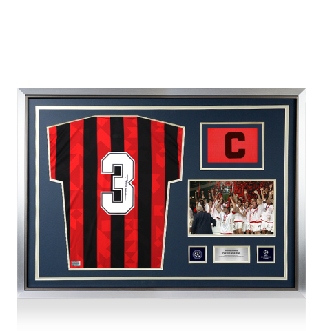 Paolo Maldini Official UEFA Champions League Back Signed and Hero Framed AC Milan 1994 Home Shirt - Captain's Edition