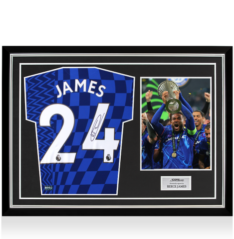 Reece James Back Signed Chelsea 2021-22 Home Shirt In Hero Frame: UEFA Conference League Winner Reece James Back Signed Chelsea 2021-22 Home Shirt In Hero Frame: UEFA Conference League Winner