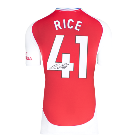 Declan Rice Official UEFA Champions League Back Signed Arsenal 2024-25 Home Shirt with Fan Style Numbers In Deluxe Packaging Declan Rice Official UEFA Champions League Back Signed Arsenal 2024-25 Home Shirt with Fan Style Numbers In Deluxe Packaging