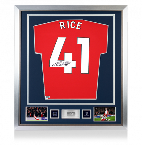 Declan Rice Official UEFA Champions League Back Signed and Framed Arsenal 2024-25 Home Shirt with Fan Style Numbers