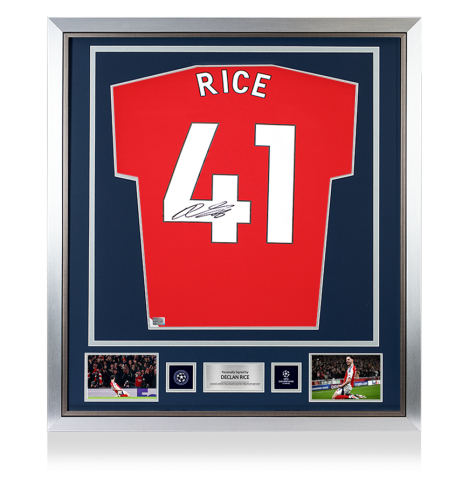 Declan Rice Official UEFA Champions League Back Signed and Framed Arsenal 2024-25 Home Shirt with Fan Style Numbers - Silver Bundle Declan Rice Official UEFA Champions League Back Signed and Framed Arsenal 2024-25 Home Shirt with Fan Style Numbers - Silver Bundle