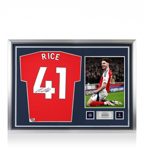 Declan Rice Official UEFA Champions League Back Signed and Hero Framed Arsenal 2024-25 Home Shirt with Fan Style Numbers