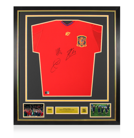 Xavi, Xabi Alonso & David Villa Official 2010 FIFA World Cup™ Triple Signed and Framed Spain 2010 Home Shirt - Platinum Bundle Xavi, Xabi Alonso & David Villa Official 2010 FIFA World Cup™ Triple Signed and Framed Spain 2010 Home Shirt - Platinum Bundle