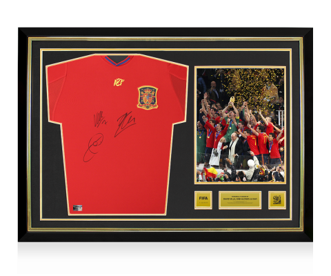 Xavi, Xabi Alonso & David Villa Official 2010 FIFA World Cup™ Triple Signed and Hero Framed Spain 2010 Home Shirt