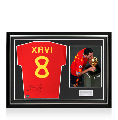 Xavi Back Signed Spain 2010 Home Shirt - "2010 FIFA World Cup Winner" Inscription In Hero Frame: Option 1