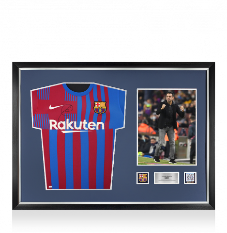 Xavi Official FC Barcelona Front Signed and Framed 2021-22 Home Shirt