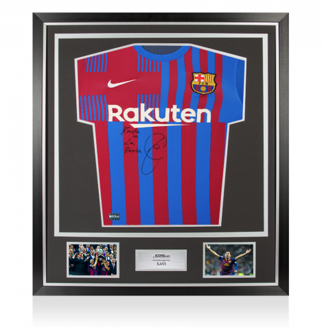 Xavi Front Signed FC Barcelona 2021-22 Home Shirt - "Made In La Masia" Inscription In Classic Frame