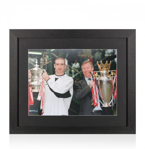 Eric Cantona & Sir Alex Ferguson Signed Manchester United Photo In Black Wooden Frame: 1996 Double