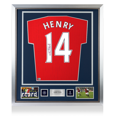 Thierry Henry Official UEFA Champions League Back Signed and Framed Arsenal Retro Home Shirt with Fan Style Numbers Thierry Henry Official UEFA Champions League Back Signed and Framed Arsenal Retro Home Shirt with Fan Style Numbers