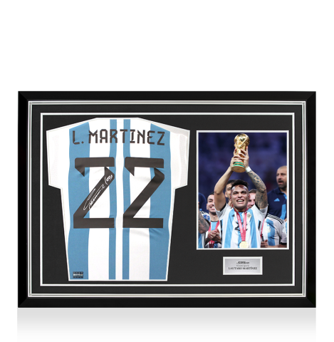Lautaro Martinez Back Signed Argentina 2022 Home Shirt with Fan Style Number In Hero Frame: Option 1