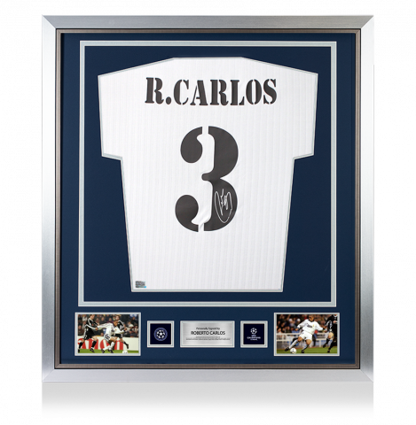 Roberto Carlos Official UEFA Champions League Back Signed and Framed Real Madrid Terrace Icon Shirt