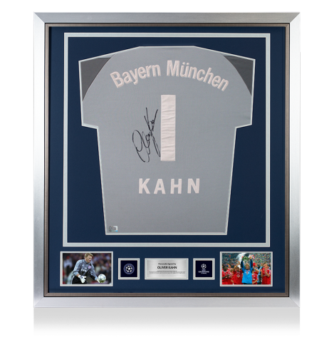 Oliver Kahn Official UEFA Champions League Back Signed and Framed FC Bayern Munich 2001-02 Goalkeeper Shirt
