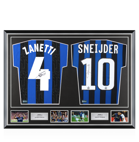 Javier Zanetti & Wesley Sneijder Signed Internazionale Shirts In Classic Dual Frame Javier Zanetti & Wesley Sneijder Signed Internazionale Shirts In Classic Dual Frame