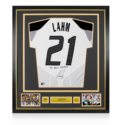 Philipp Lahm Official FIFA World Cup™ Back Signed and Framed Germany 2004 Home Shirt: 'Der Feine Unterschied' Inscription