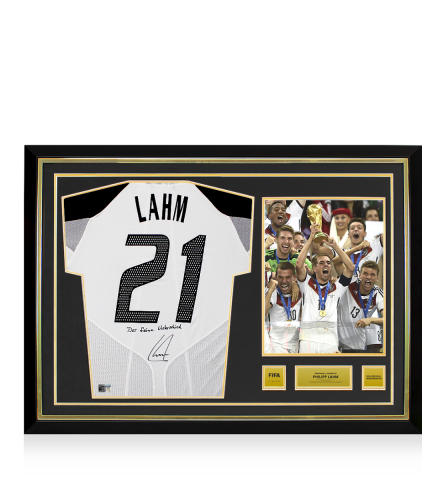 Philipp Lahm Official FIFA World Cup™ Back Signed and Hero Framed Germany 2004 Home Shirt: 'Der Feine Unterschied' Inscription