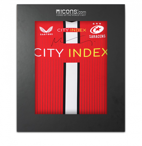Maro Itoje Front Signed Saracens 2021-22 Away Shirt In Deluxe Packaging