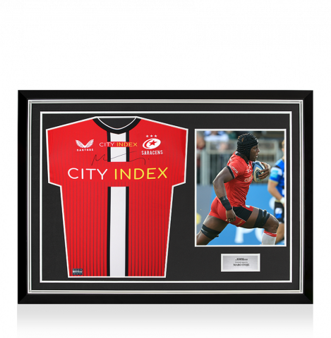 Maro Itoje Front Signed Saracens 2021-22 Away Shirt In Hero Frame: Option 1