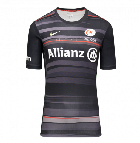 Maro Itoje Front Signed Saracens 2014-15 Home Shirt In Deluxe Packaging