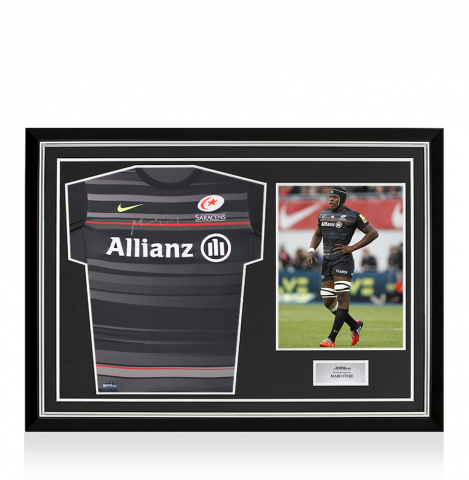 Maro Itoje Front Signed Saracens 2014-15 Home Shirt In Hero Frame: Option 1