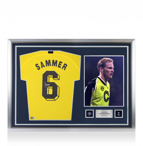 Matthias Sammer Official UEFA Champions League Back Signed and Hero Framed Borussia Dortmund 2019-20 Home Shirt with Fan Style Number