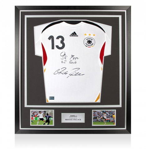 Michael Ballack Front Signed Germany 2005-07 Home Shirt - 98 Apps, 42 Goals Inscription In Classic Frame