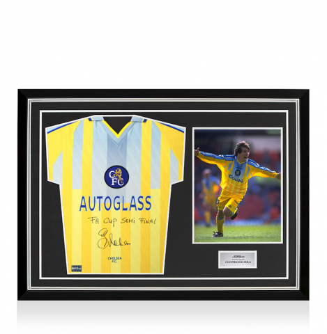 Gianfranco Zola Front Signed Chelsea 1998 Away Shirt - FA Cup Semi-Final Inscription In Hero Frame: Option 1