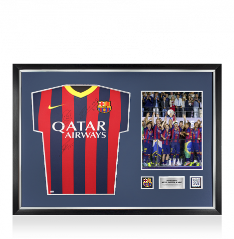 Lionel Messi Official FC Barcelona & Xavi Triple Signed and Framed 2013-14 Home Shirt