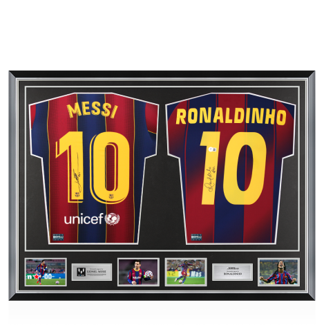Lionel Messi & Ronaldinho Signed Barcelona Shirts In Classic Dual Frame Lionel Messi & Ronaldinho Signed Barcelona Shirts In Classic Dual Frame