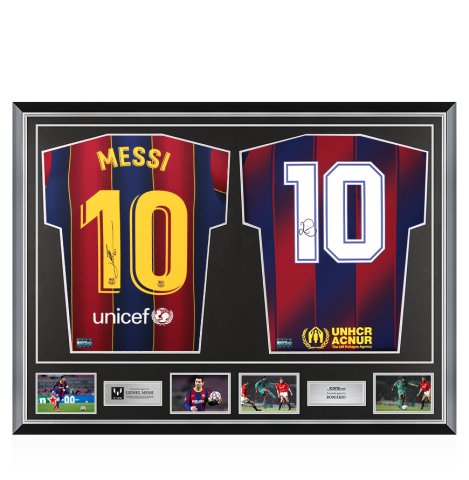 Lionel Messi & Romario Signed Barcelona Shirts In Classic Dual Frame Lionel Messi & Romario Signed Barcelona Shirts In Classic Dual Frame