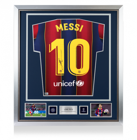 Lionel Messi Official UEFA Champions League Back Signed and Framed FC Barcelona 2020-21 Home Shirt