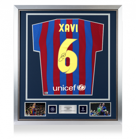 Xavi Official UEFA Champions League Back Signed and Framed FC Barcelona 2021-22 Home Shirt