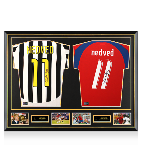 Pavel Nedved Official Ballon d'Or™ Signed and Dual Framed Juventus and Czech Republic Shirts: 2003 Ballon d'Or Winner
