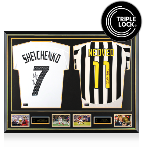 Andriy Shevchenko & Pavel Nedved Official Ballon d'Or™ Signed and Dual Framed AC Milan and Juventus Shirts