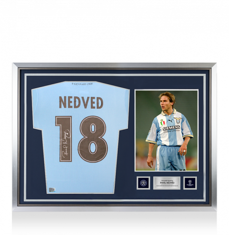 Pavel Nedved Official UEFA Champions League Back Signed and Hero Framed SS Lazio 2025-26 Home Shirt with Fan Style Numbers