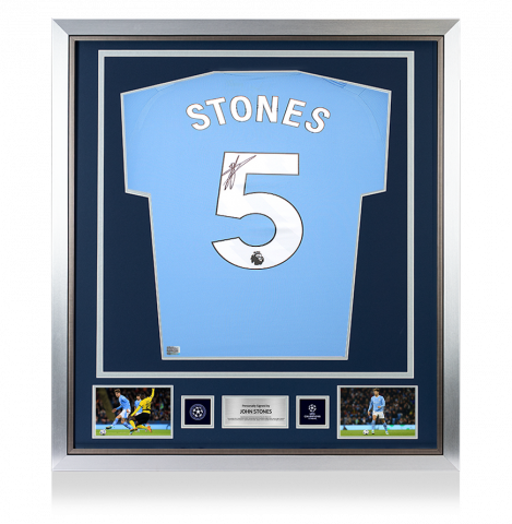 John Stones Official UEFA Champions League Back Signed and Framed Manchester City 2023-24 Home Shirt