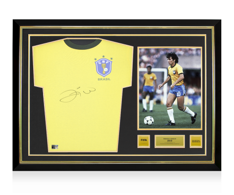 Zico Official FIFA World Cup™ Front Signed and Hero Framed Brazil 1982 Home Shirt