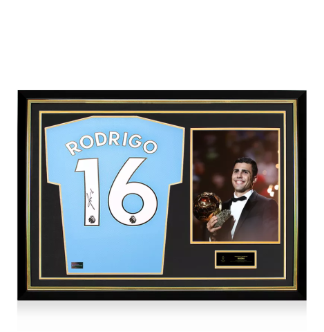 Rodri Official Ballon d'Or™ Back Signed and Framed Manchester City 2023-24 Home Shirt 