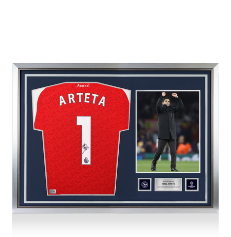 Mikel Arteta Official UEFA Champions League Back Signed and Hero Framed Arsenal 2025-26 Home Shirt