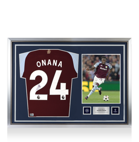 Amadou Onana Official UEFA Champions League Back Signed and Hero Framed Aston Villa 2024-25 Home Shirt