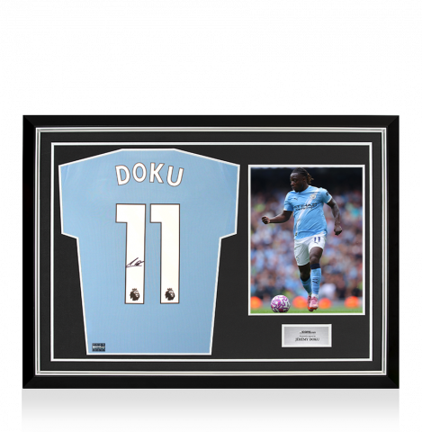 Jeremy Doku Back Signed Manchester City 2025-26 Home Shirt In Hero Frame: Option 1