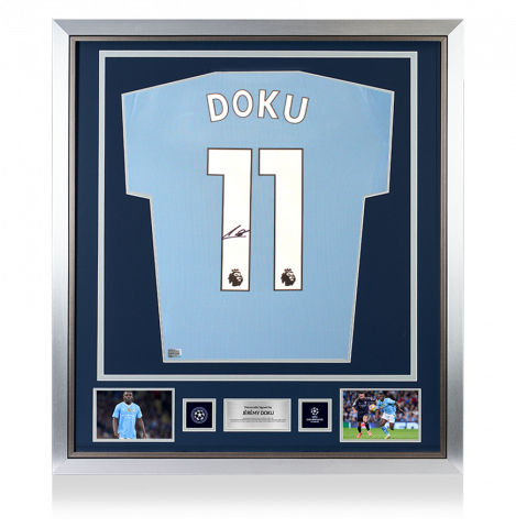 Jeremy Doku Official UEFA Champions League Back Signed and Framed Manchester City 2025-26 Home Shirt