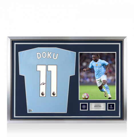 Jeremy Doku Official UEFA Champions League Back Signed and Hero Framed Manchester City 2025-26 Home Shirt