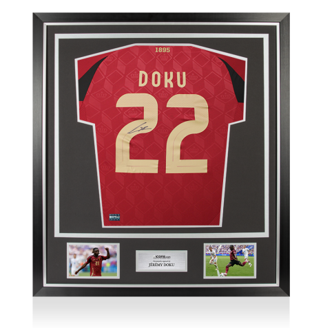Jeremy Doku Back Signed Belgium 2024 Home Shirt In Classic Frame